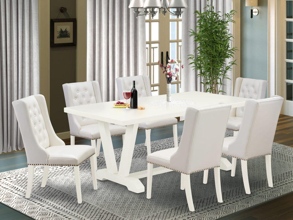V027FXQAH-8 8-Piece Dining Ensemble with V-Leg Table & 6 Parson Light Grey Chairs, Multi-Color, 40x72
