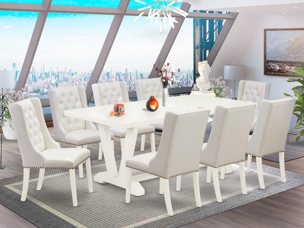 V027FAJTU-P 9-Piece Dining Collection with V-Legs and 8 Faux Leather Chairs, 40x72 Multi-Color Table