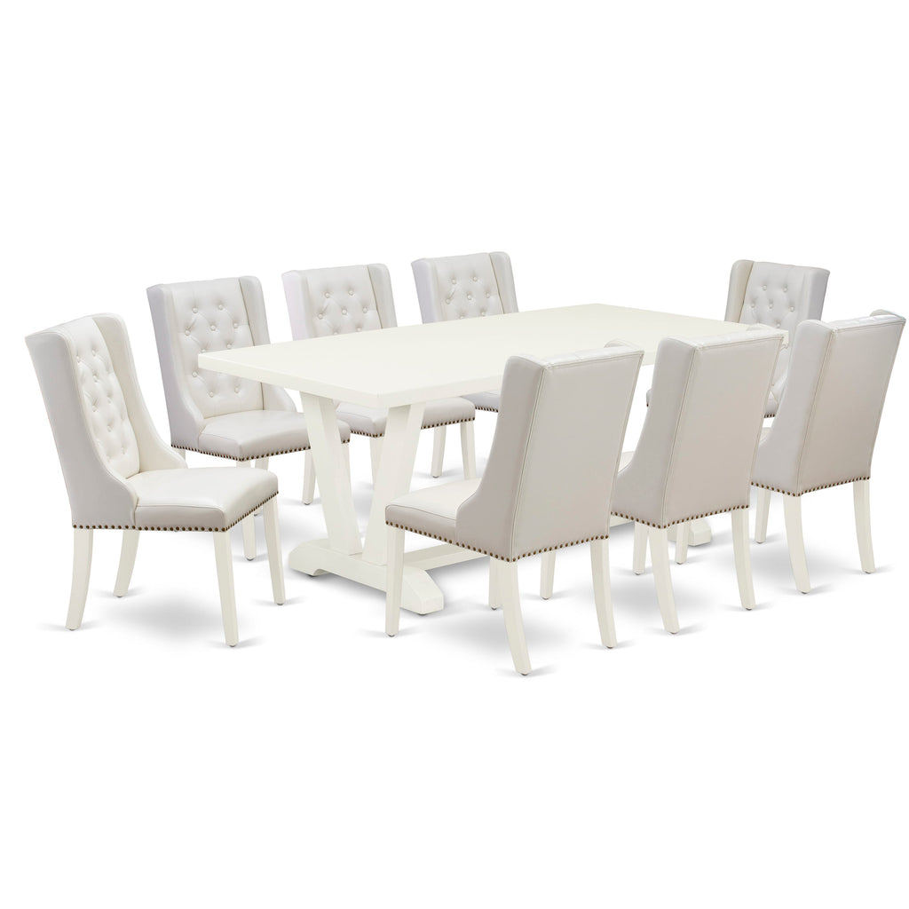 V027FAJTU-P 9-Piece Dining Collection with V-Legs and 8 Faux Leather Chairs, 40x72 Multi-Color Table