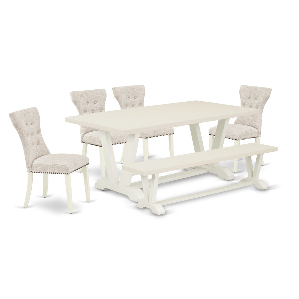 V027GAQ1Q-3 - Stylish 6 Piece Dining Ensemble with V-Leg Table, Linen Chairs, & Bench, Multi-Color, 40x72