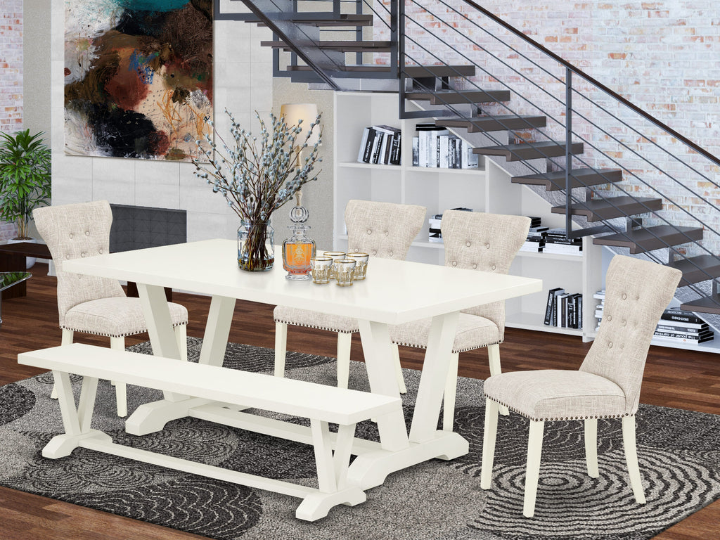 V027GAQ1Q-3 - Stylish 6 Piece Dining Ensemble with V-Leg Table, Linen Chairs, & Bench, Multi-Color, 40x72
