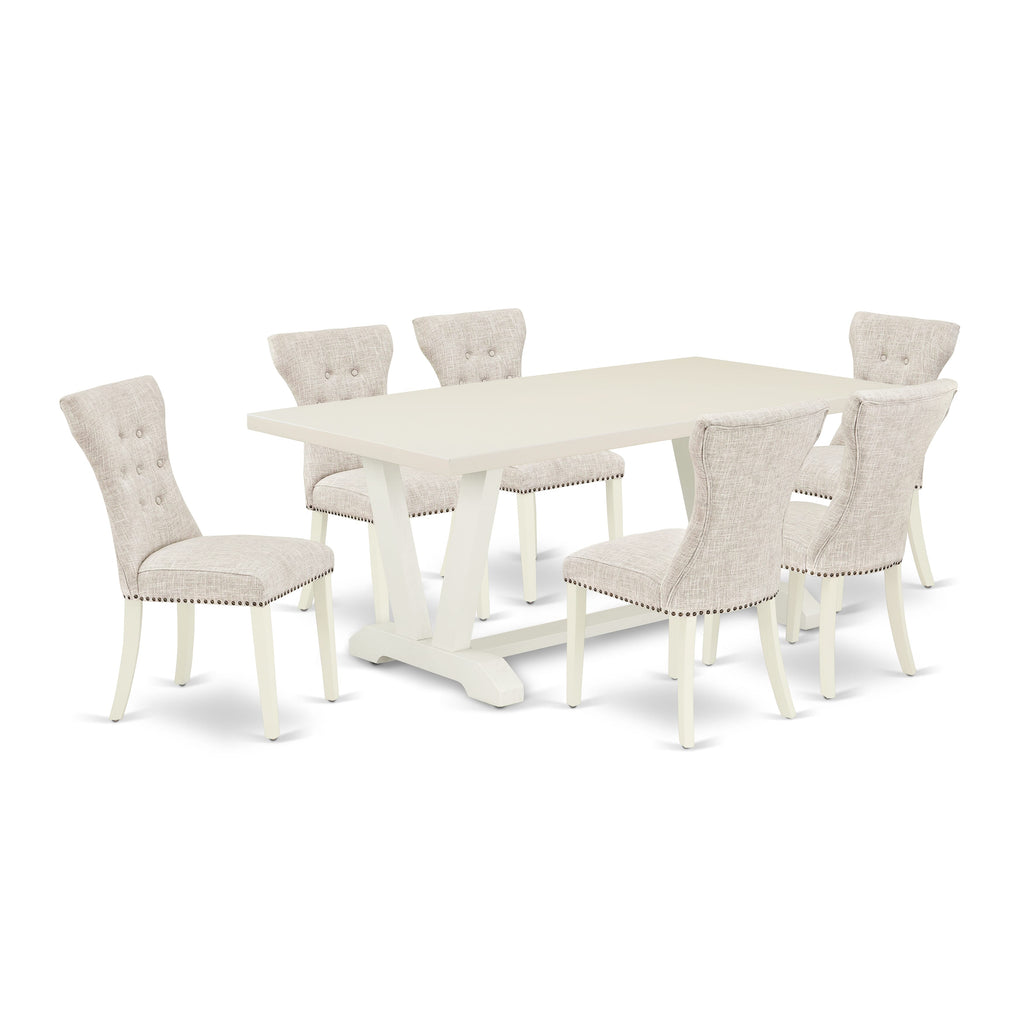 V027GES0C-H 7-Piece Dining Ensemble with V-Leg Table and Doeskin Linen Seats, 40x72 Inch, Multi-Toned