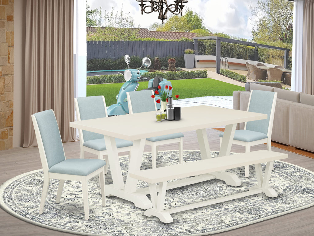 V027LRZA-1 6-Piece Dining Ensemble with V-Leg Table, 4 Aqua Linen Seats & Bench, 40x72 Inch, Multi-Hue