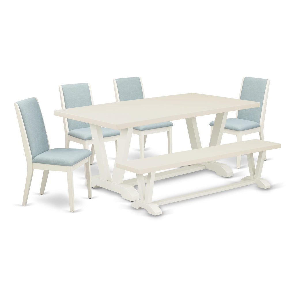 V027LRZA-1 6-Piece Dining Ensemble with V-Leg Table, 4 Aqua Linen Seats & Bench, 40x72 Inch, Multi-Hue