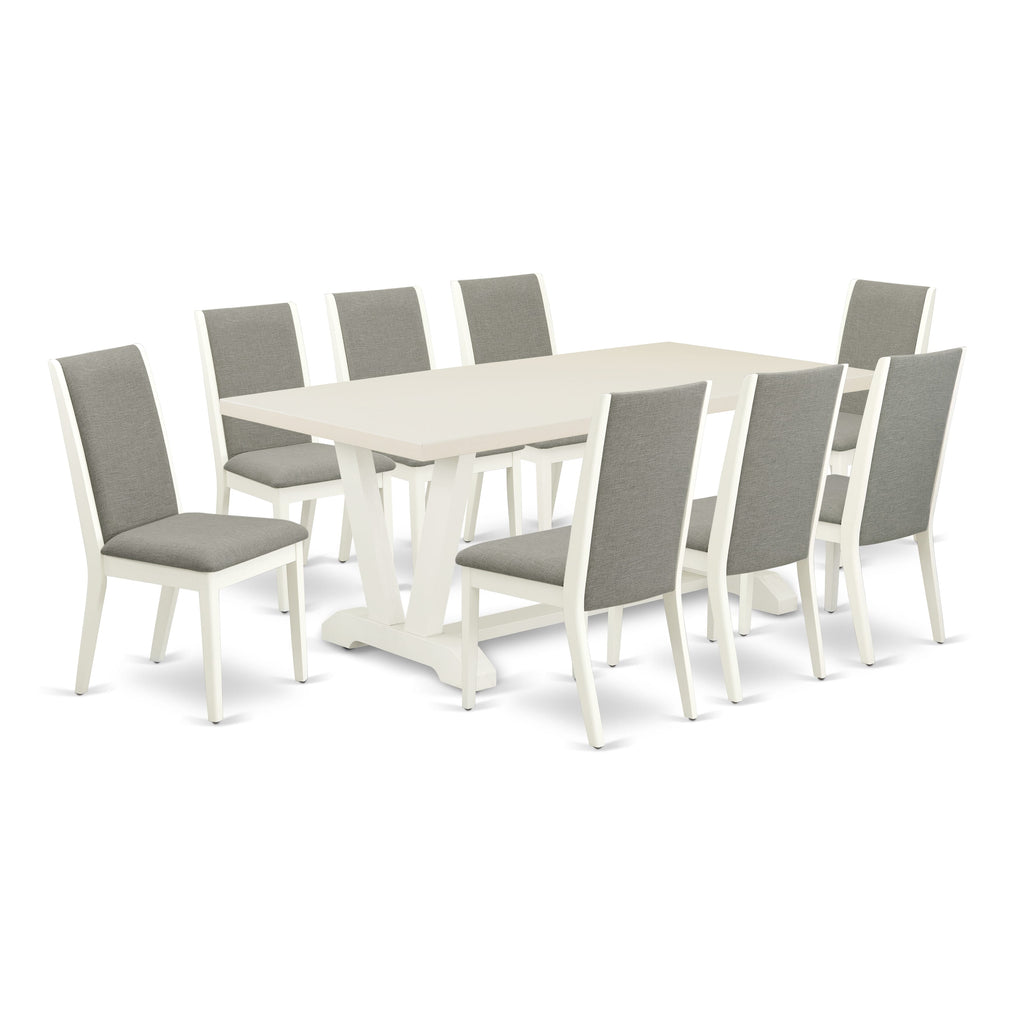 V027LOTDJ-N Elegant 9-Piece Set Rectangular Dining Table with V-Legs & 8 Shitake Linen Chairs, 40x72, Multi-Color