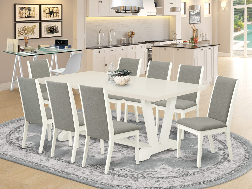 V027LOTDJ-N Elegant 9-Piece Set Rectangular Dining Table with V-Legs & 8 Shitake Linen Chairs, 40x72, Multi-Color