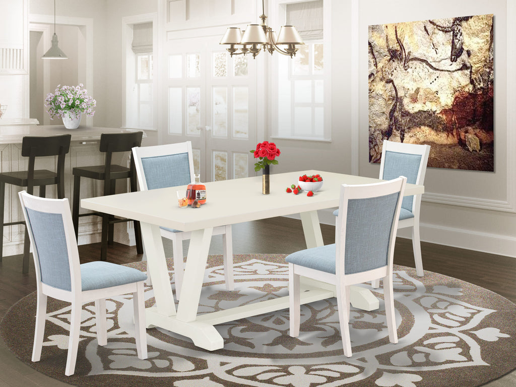 V027MQXM9-H 5-Piece Dining Ensemble with Rectangular V-Legged Table & Baby Blue Parsons