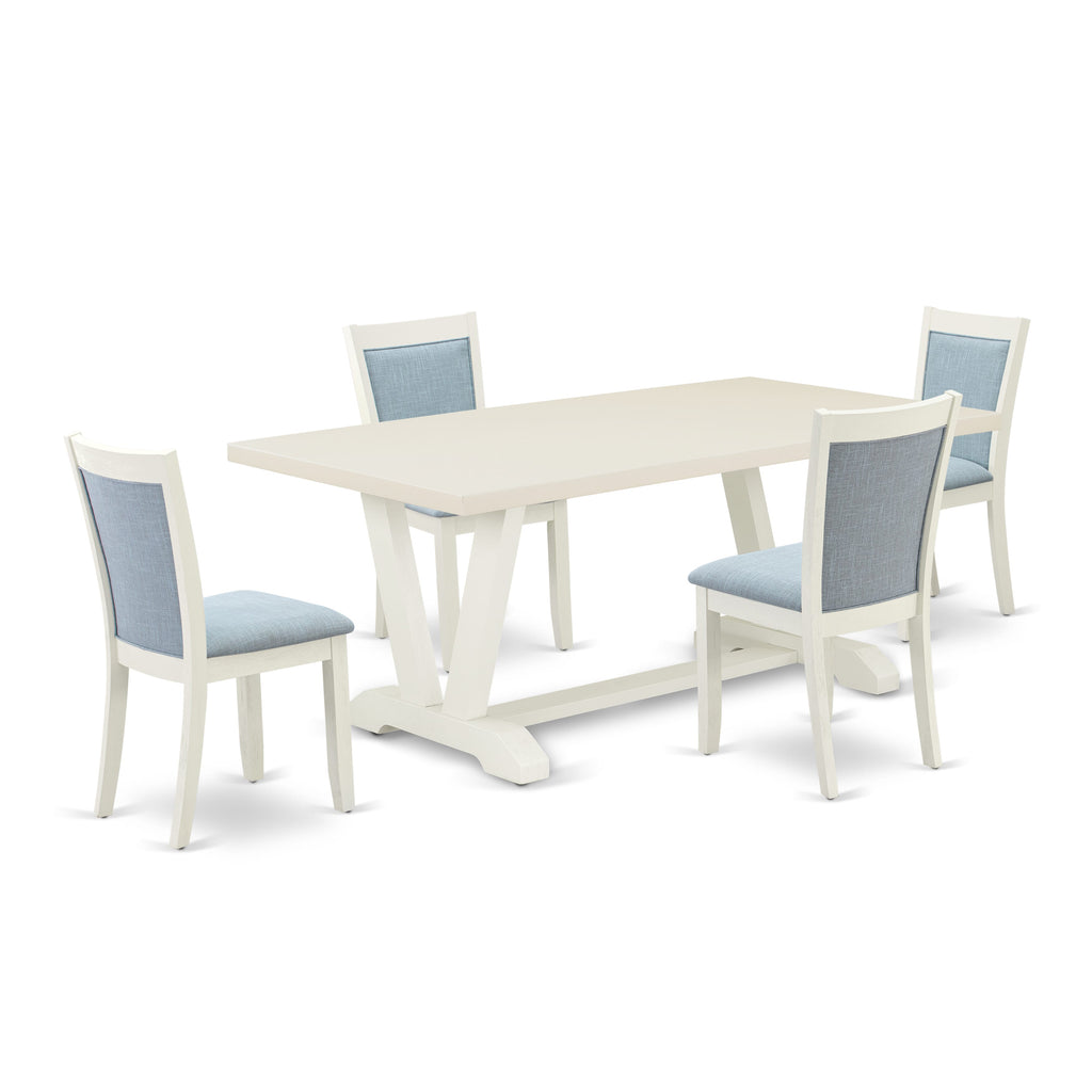 V027MQXM9-H 5-Piece Dining Ensemble with Rectangular V-Legged Table & Baby Blue Parsons