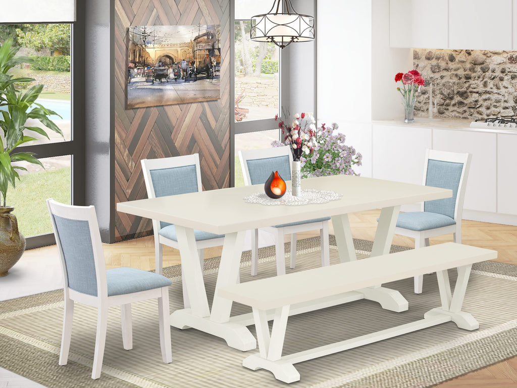 V027MMV4X-3 Multi-Color Dining Ensemble Featuring a Rectangular Table and 4 Azure Upholstered Parson Chairs with Bench