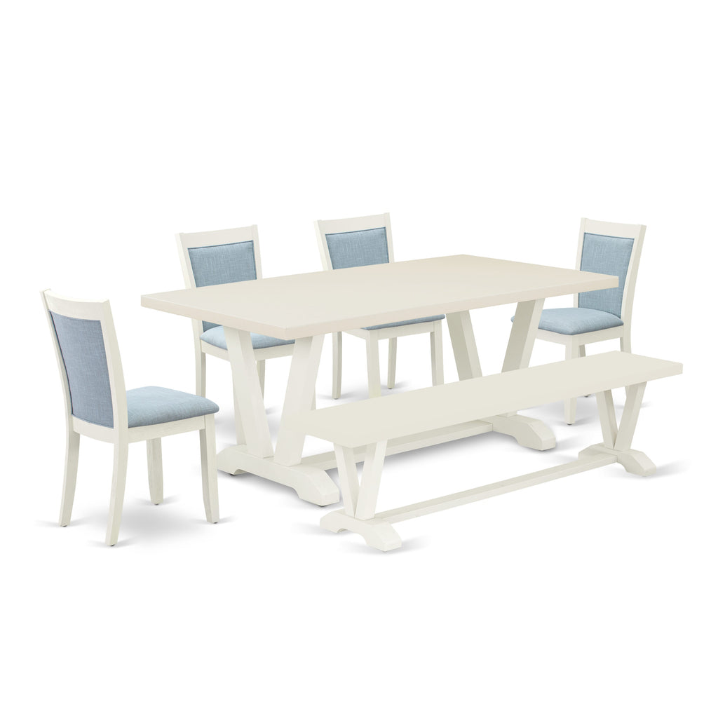 V027MMV4X-3 Multi-Color Dining Ensemble Featuring a Rectangular Table and 4 Azure Upholstered Parson Chairs with Bench