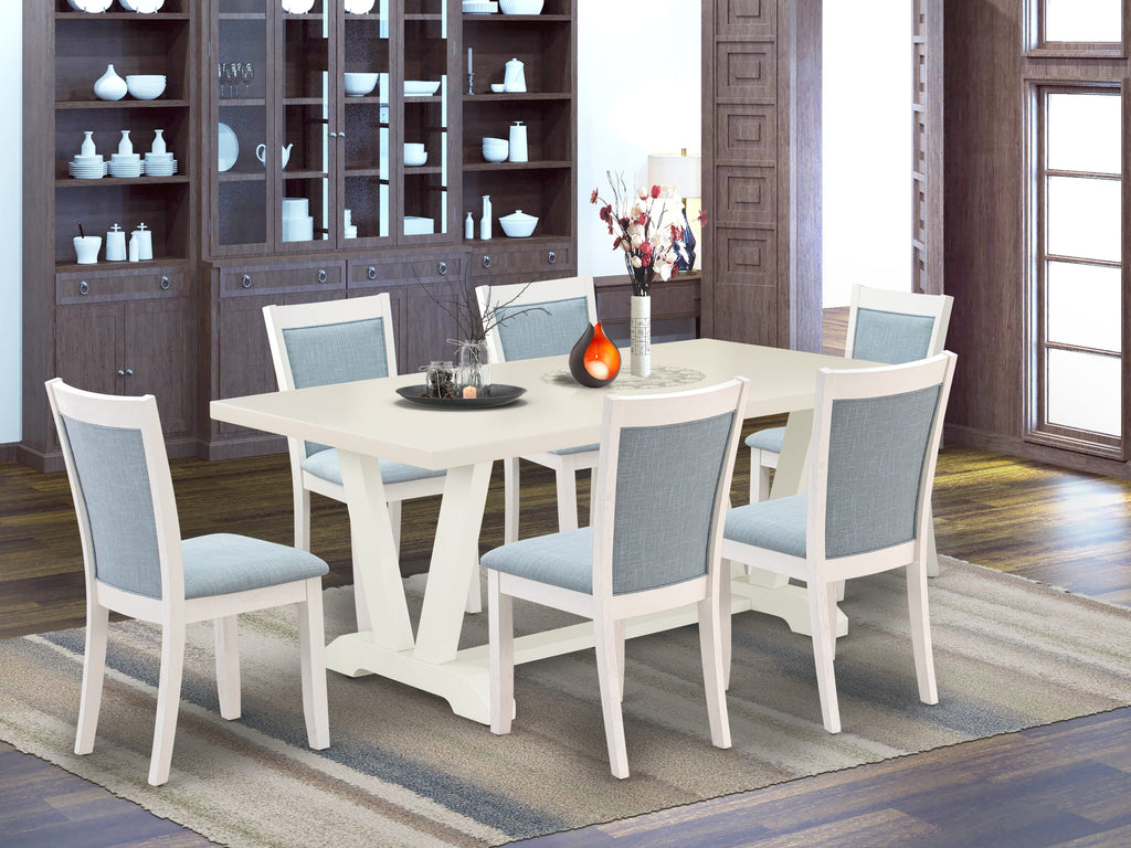 V027MIUE6-V 7 Piece Dining Set with Rectangular Table and V-Legs, Includes 6 Upholstered Chairs, Multi-Color, Linen Fabric