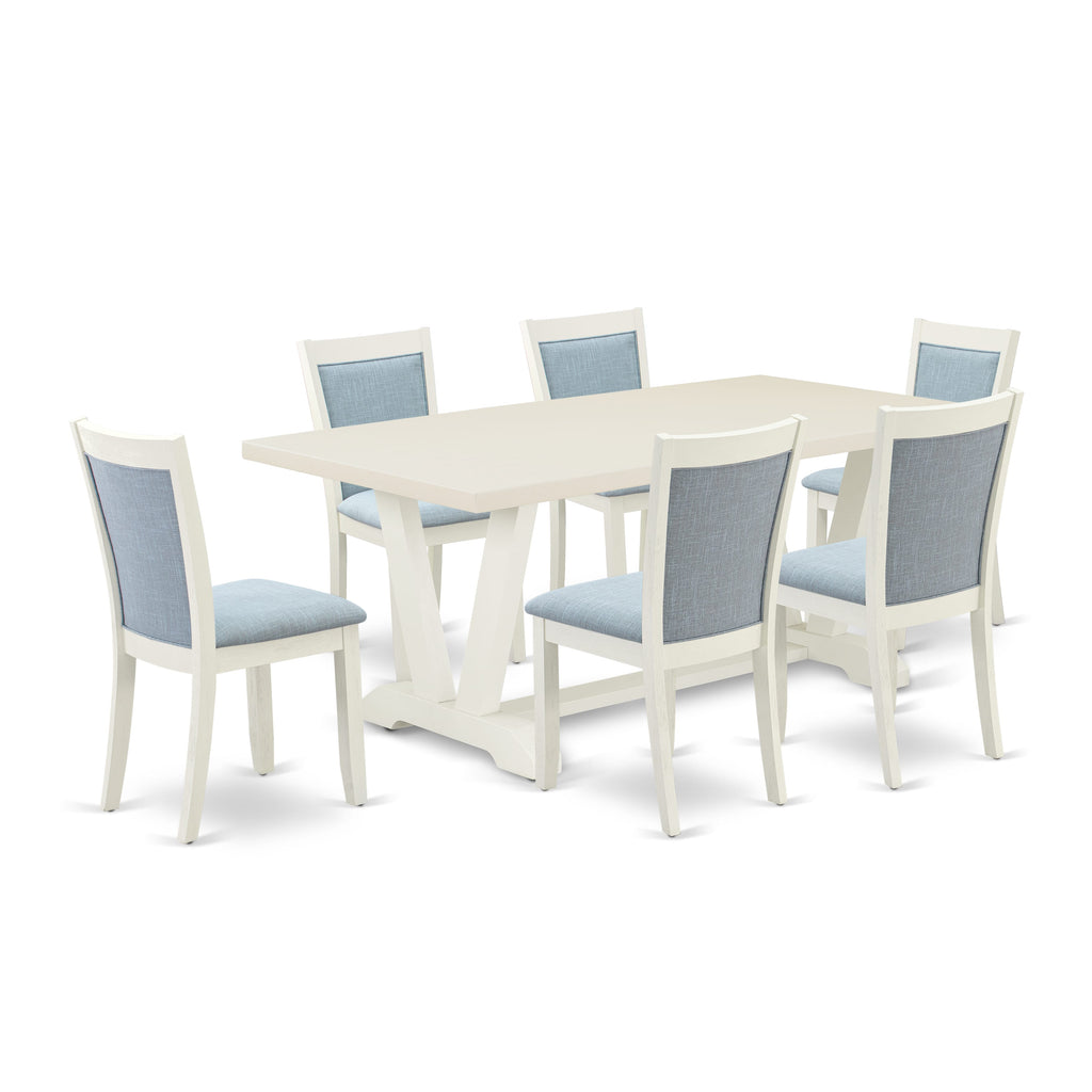 V027MIUE6-V 7 Piece Dining Set with Rectangular Table and V-Legs, Includes 6 Upholstered Chairs, Multi-Color, Linen Fabric
