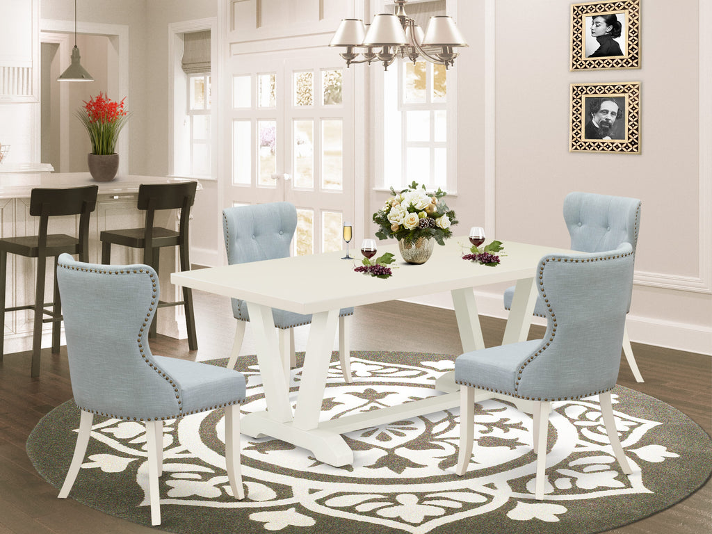 V027SGZGI-W Dining Set V-Leg Table & Baby Blue Linen Chairs - 5 Piece for Elegant Meals