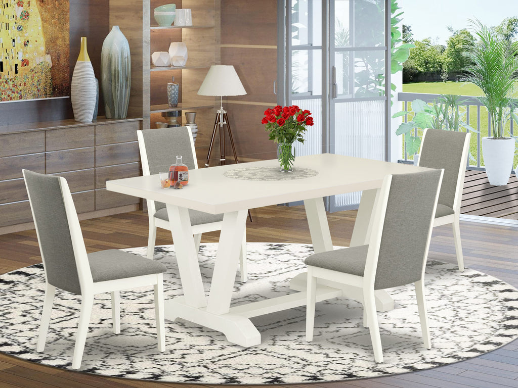 V027SZXOH-A Versatile Dining Collection with Rectangular Table, V-Legs, Linen Chairs & Bench, Multicolor