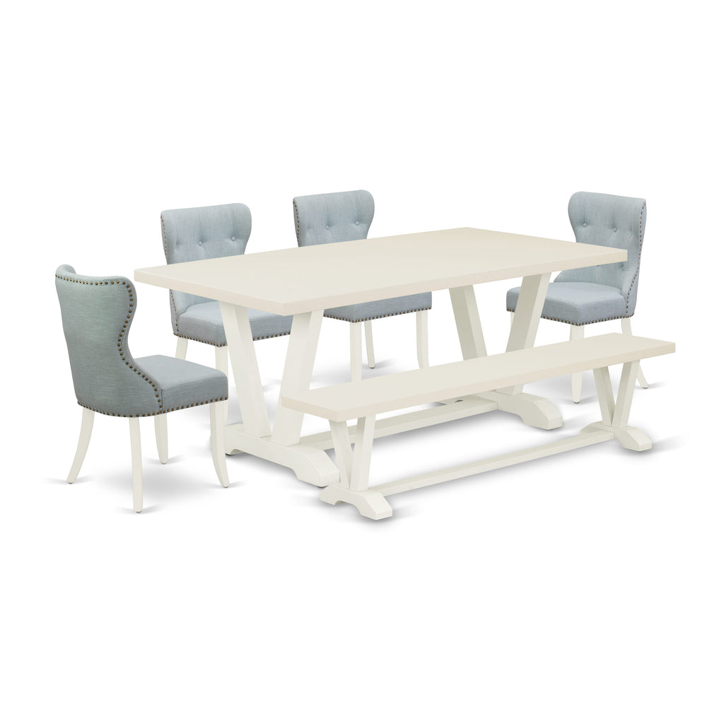 V027SZXOH-A Versatile Dining Collection with Rectangular Table, V-Legs, Linen Chairs & Bench, Multicolor