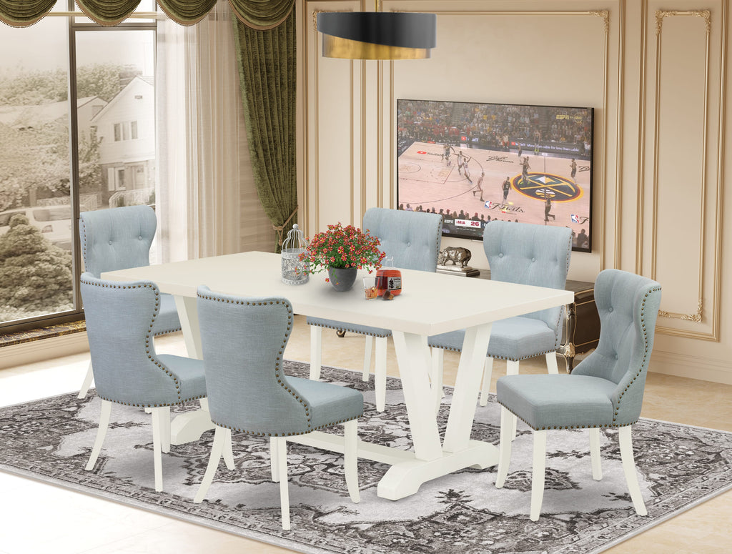 V027SVIHM-Q Elegant 7-Piece Dining Set with Rectangle Table & Baby Blue Chairs, 40x72