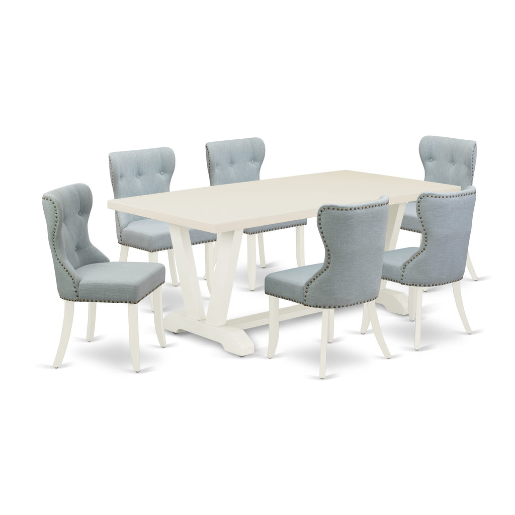V027SVIHM-Q Elegant 7-Piece Dining Set with Rectangle Table & Baby Blue Chairs, 40x72