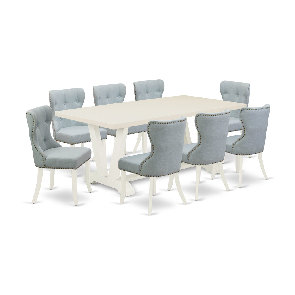 V027S9OJ3-C Chic Dining Ensemble 9-Piece Rectangular Set with Stylish V-Leg Table and 8 Blue Fabric Chairs, 40x72 Multi-Tone