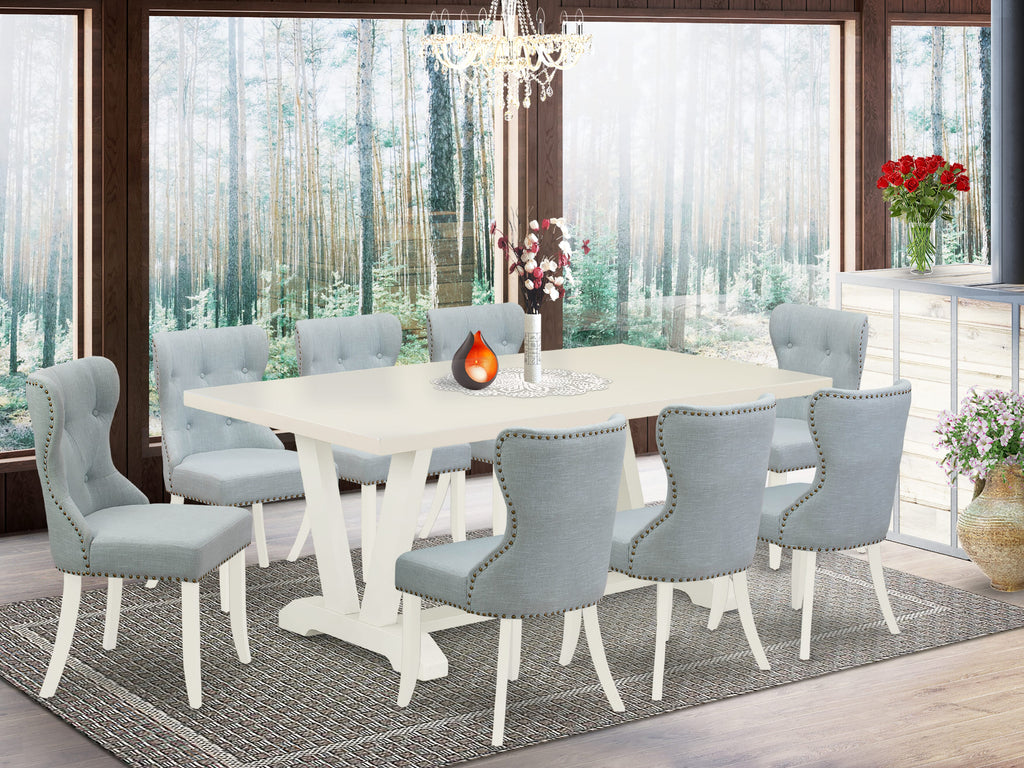 V027S9OJ3-C Chic Dining Ensemble 9-Piece Rectangular Set with Stylish V-Leg Table and 8 Blue Fabric Chairs, 40x72 Multi-Tone
