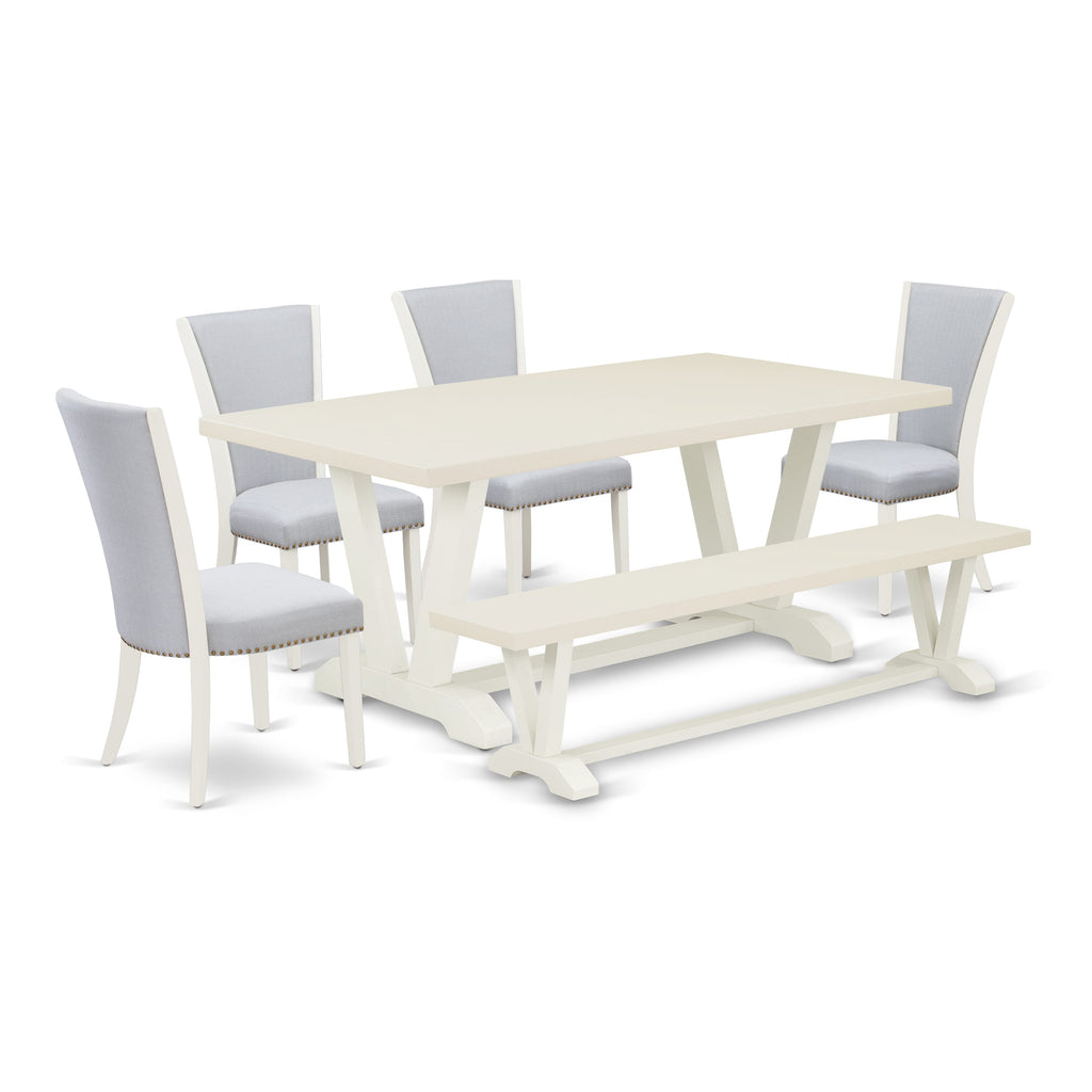 V027VN3SH-2 Dining Set Rectangle Table with V-Legs & 4 Grey Linen Chairs + Bench, 6 Pieces