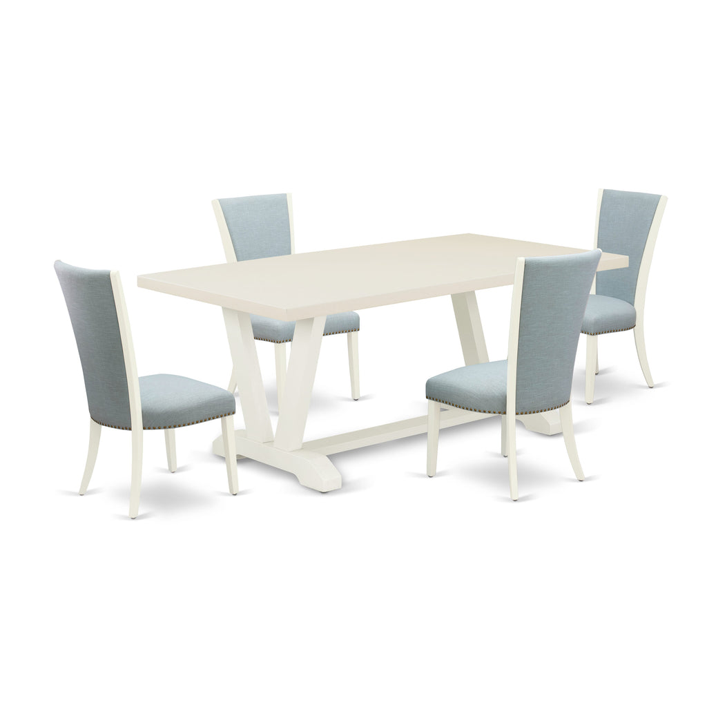 V027V4CET-K 5-Piece Dining Ensemble Chic Rectangle Table with V-Legs & 4 Baby Blue Parson Chairs – Multi-Color