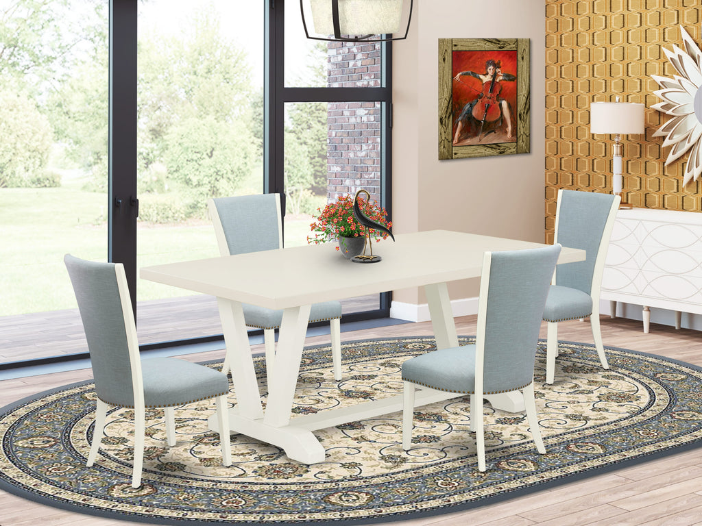 V027V4CET-K 5-Piece Dining Ensemble Chic Rectangle Table with V-Legs & 4 Baby Blue Parson Chairs – Multi-Color