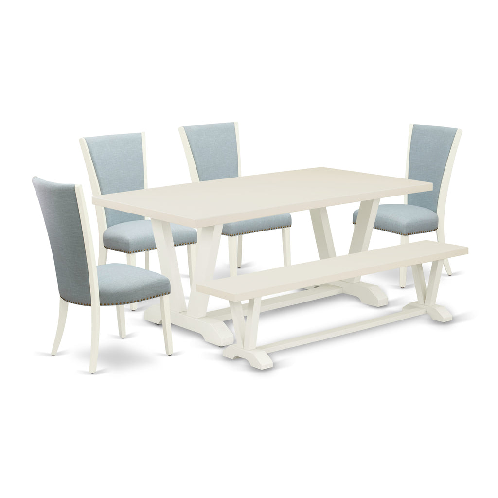 V027V5GEE-3 6 Piece Multi-Color Dining Set with Rectangular Table, V-Legs, 4 Baby Blue Upholstered Chairs, and Bench