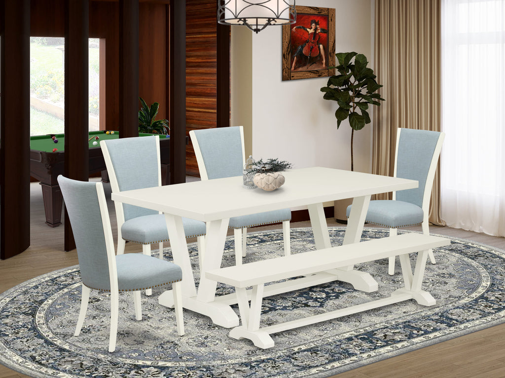 V027V5GEE-3 6 Piece Multi-Color Dining Set with Rectangular Table, V-Legs, 4 Baby Blue Upholstered Chairs, and Bench