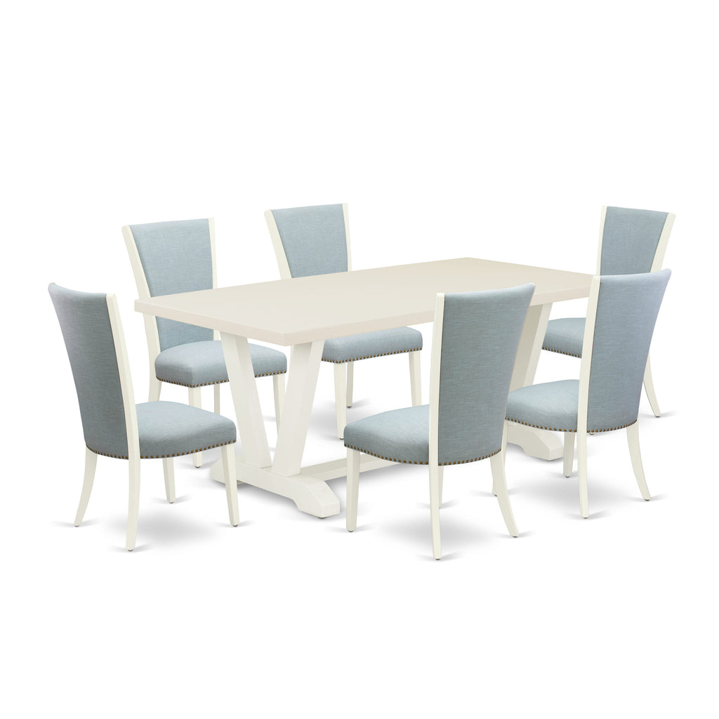 V027VSXK6-E 7-Piece Set with Rectangular Dining Table & V-Legs, Includes 6 Blue Linen Chairs