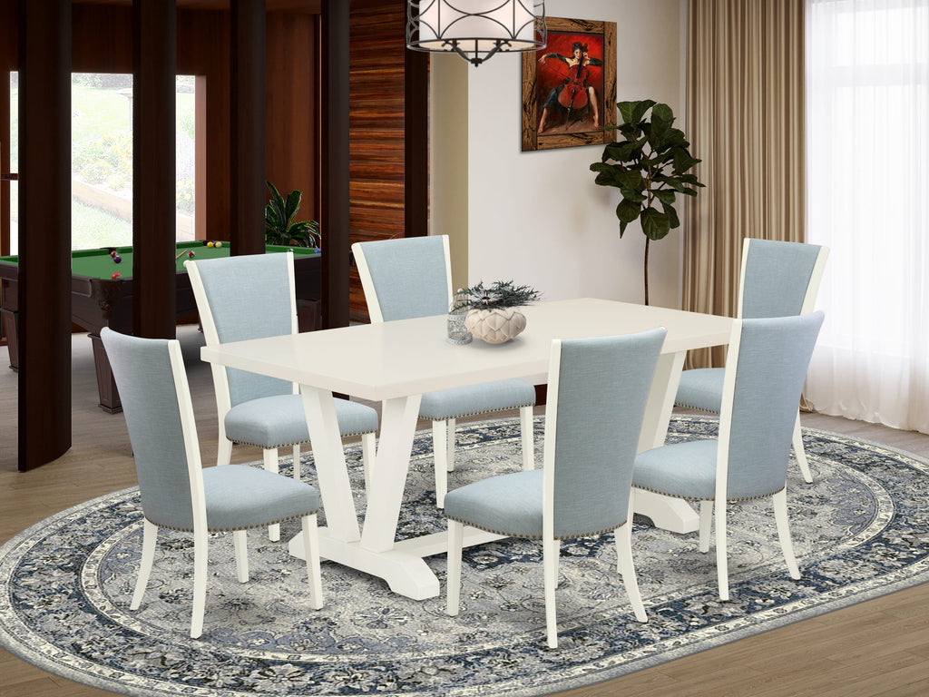 V027VSXK6-E 7-Piece Set with Rectangular Dining Table & V-Legs, Includes 6 Blue Linen Chairs