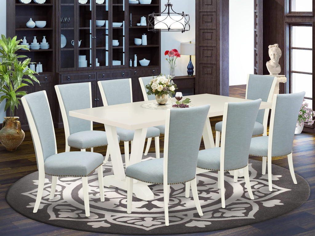 V027V1BTI-D 9-Piece Dining Set with Rectangle Table and Modern V-Base, Includes 8 Baby Blue Linen Parsons Chairs, Multi-Color 40x72