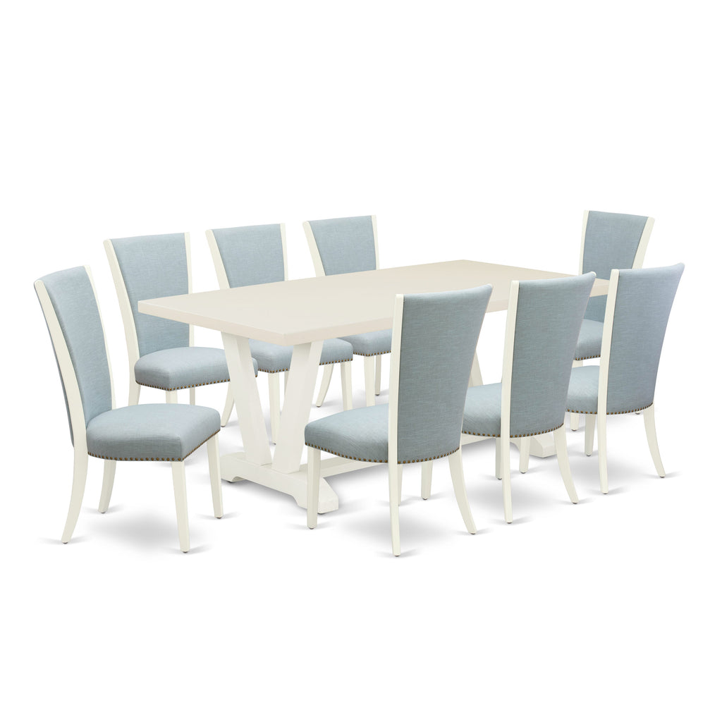 V027V1BTI-D 9-Piece Dining Set with Rectangle Table and Modern V-Base, Includes 8 Baby Blue Linen Parsons Chairs, Multi-Color 40x72