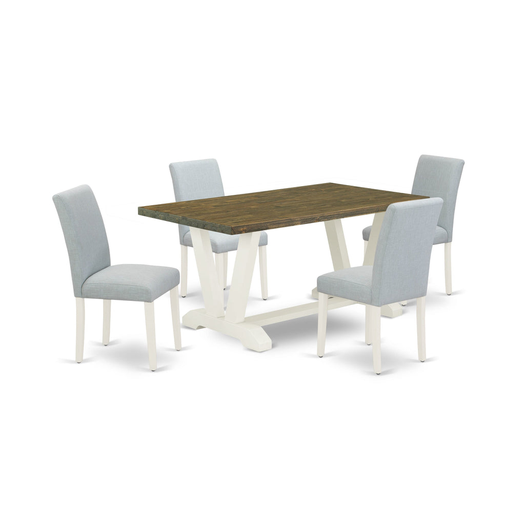 V076AUQL9-E 5-Piece Dining Ensemble Rectangle Table with V-Legs and 4 Baby Blue Linen Parson Chairs, 36x60 inch