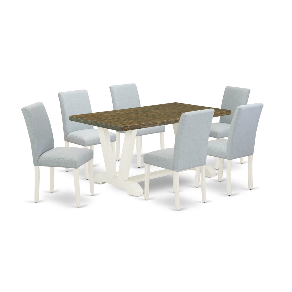 V076AC05A-R 7-Piece Dining Ensemble with V-Legged Rectangle Table & 6 Baby Blue Linen Chairs, 36x60
