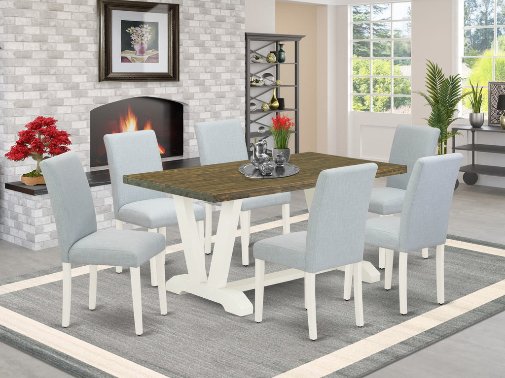 V076AC05A-R 7-Piece Dining Ensemble with V-Legged Rectangle Table & 6 Baby Blue Linen Chairs, 36x60