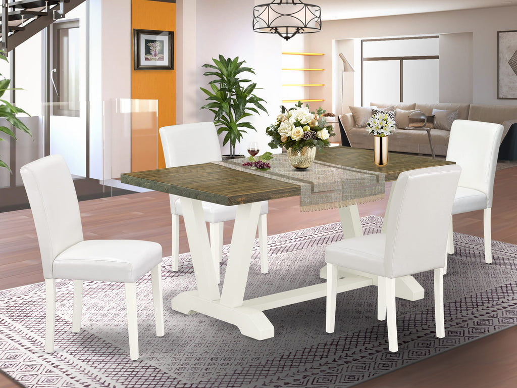 V076AMTA5-Y 5-Piece Dining Set with Rectangular Table, V-Legs and 4 White Upholstered Chairs - 36x60 Inch, Multicolored