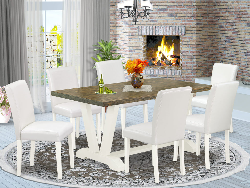 V076A4A7A-E 7-Piece Dining Ensemble with Rectangular Table and 6 White Faux Leather V-Leg Chairs