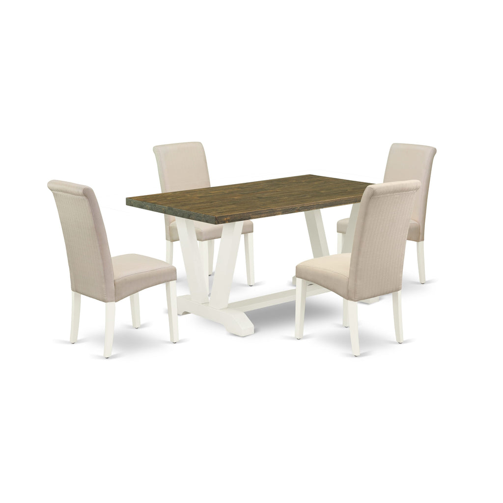V076BGQJL-Y, 5 Piece Dining Set Modern Rectangular Table and Cream Upholstered Chairs, Multi-Color