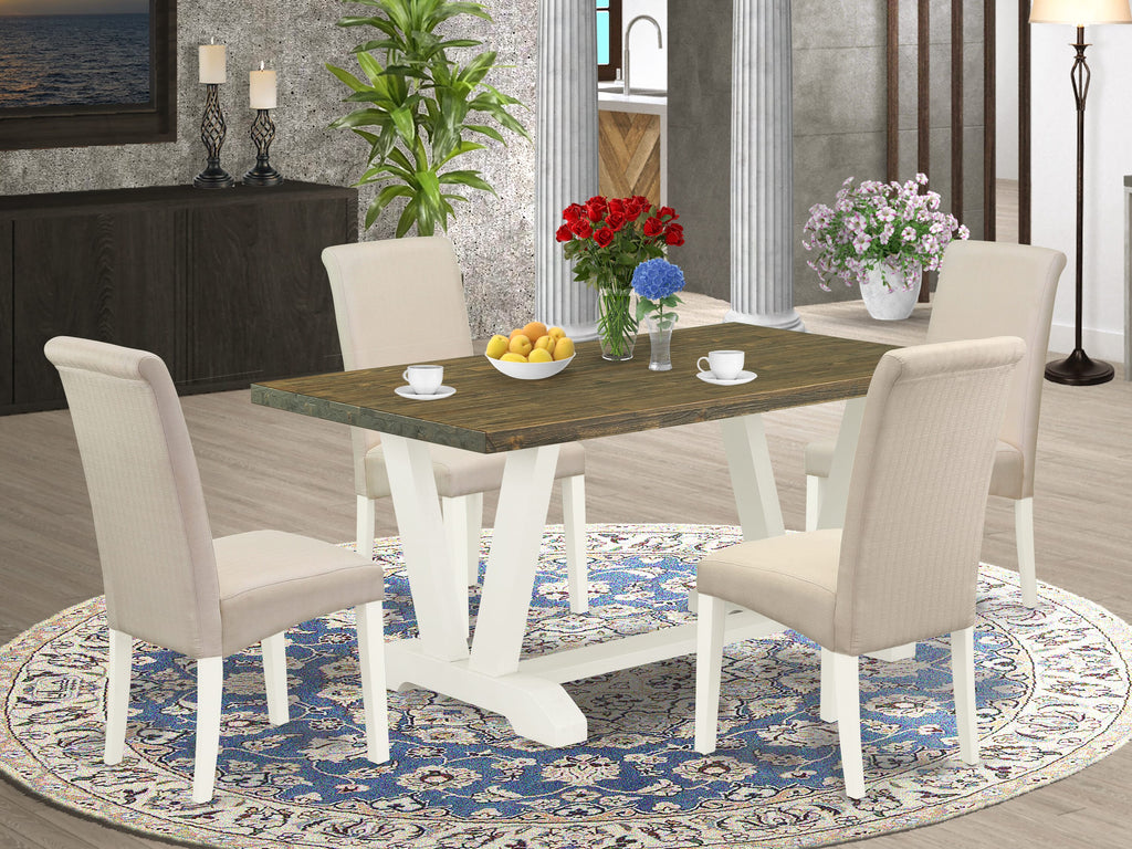 V076BGQJL-Y, 5 Piece Dining Set Modern Rectangular Table and Cream Upholstered Chairs, Multi-Color