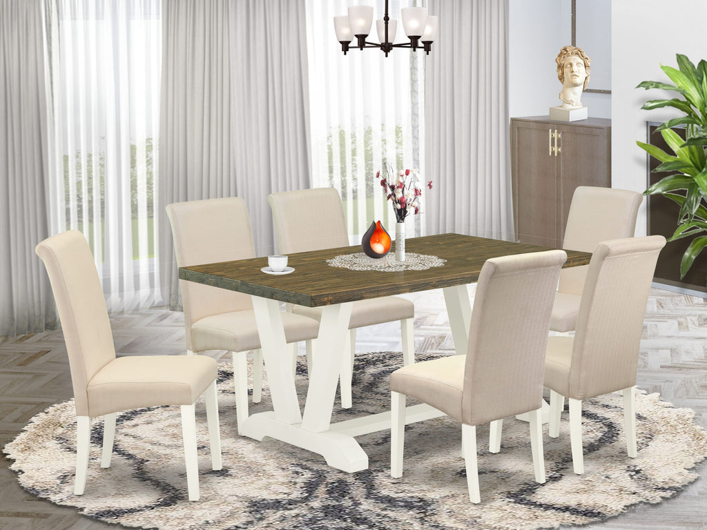V076B9ZOW-6 7-Piece Dining Ensemble with V-Shaped Table and 6 Cream Linen Chairs - Multi-Color, 36x60