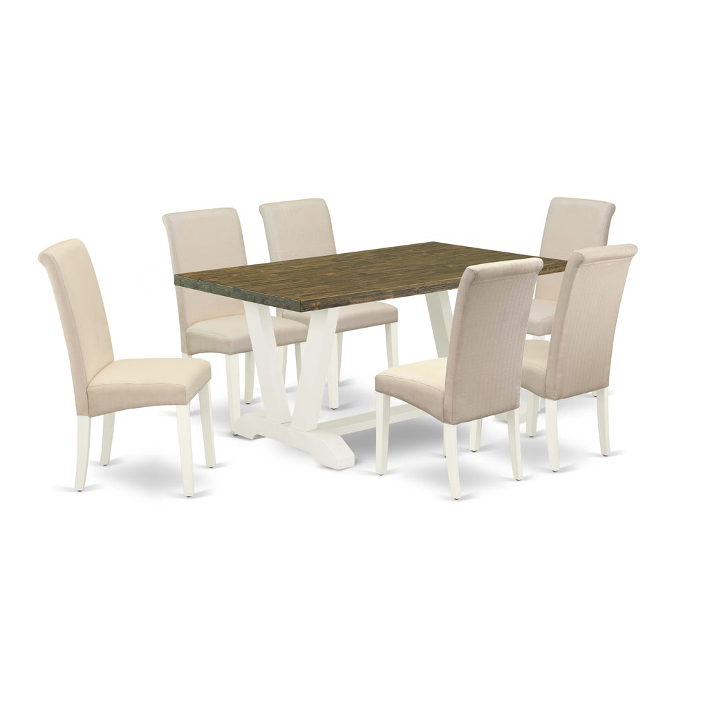 V076B9ZOW-6 7-Piece Dining Ensemble with V-Shaped Table and 6 Cream Linen Chairs - Multi-Color, 36x60