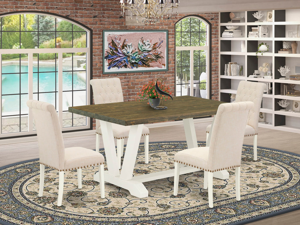 V076BQCZZ-R 5-Piece Dining Set for Four Rectangular Table with V-Legs & 4 Linen Parson Chairs, 36x60 Inch
