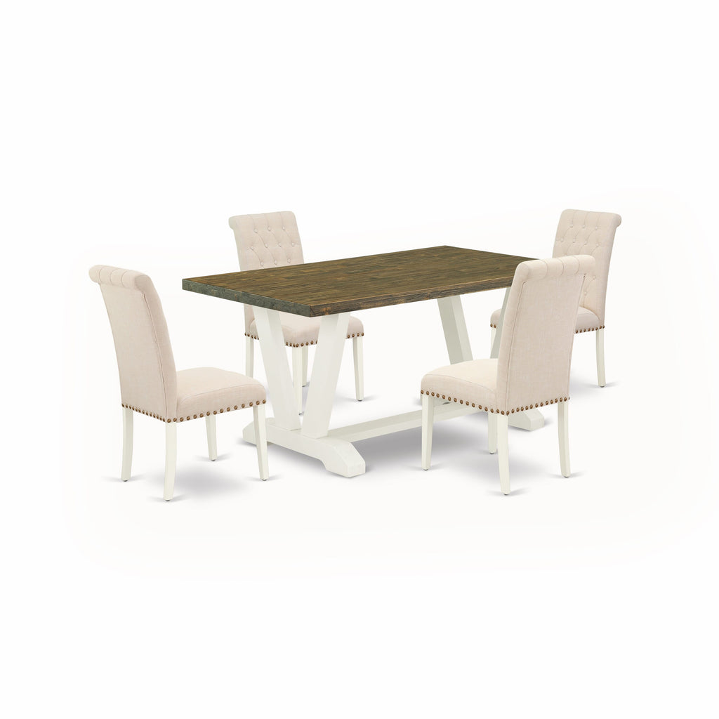 V076BQCZZ-R 5-Piece Dining Set for Four Rectangular Table with V-Legs & 4 Linen Parson Chairs, 36x60 Inch