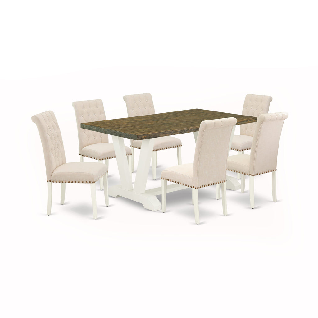 Dining Room Set V076B0OLW-C 7-Piece Collection with V-Leg Rectangle Table and 6 Upholstered Chairs