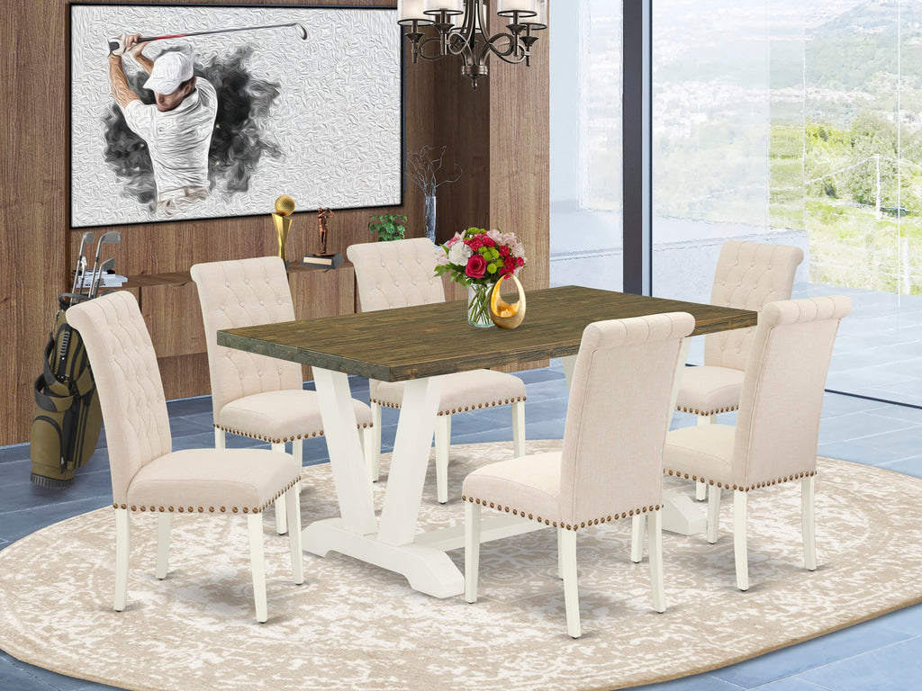 Dining Room Set V076B0OLW-C 7-Piece Collection with V-Leg Rectangle Table and 6 Upholstered Chairs