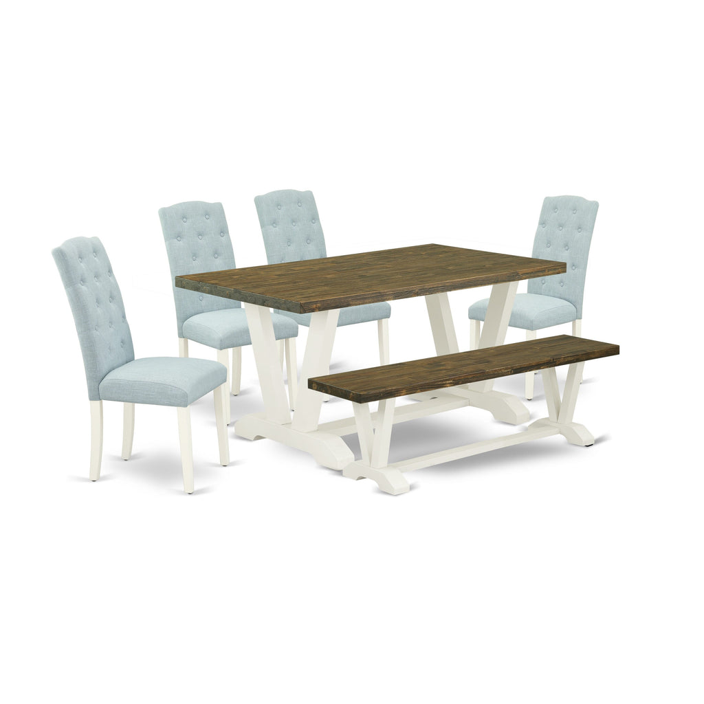V076CP4W6-V - 6 Piece Dining Set with Rectangular Table, Bench & 4 Blue Upholstered Chairs