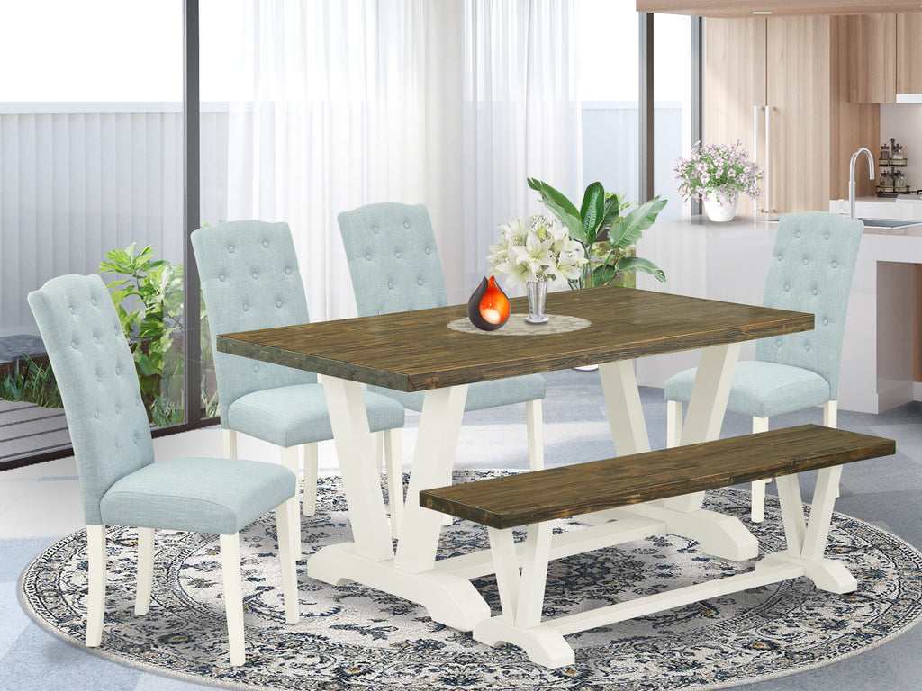 V076CP4W6-V - 6 Piece Dining Set with Rectangular Table, Bench & 4 Blue Upholstered Chairs