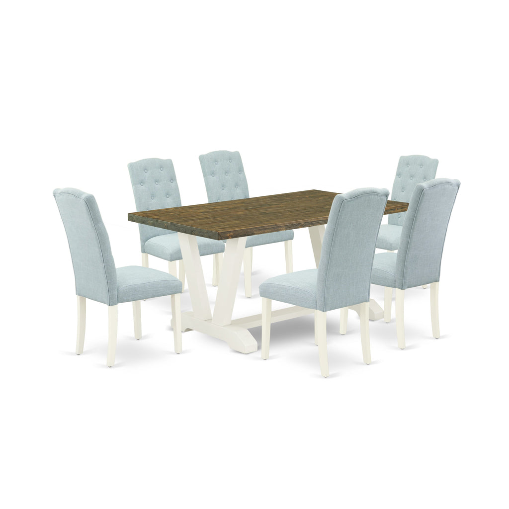 V076C9XVX 7 Piece Dining Ensemble with V-Leg Wooden Table & Baby Blue Linen Chairs