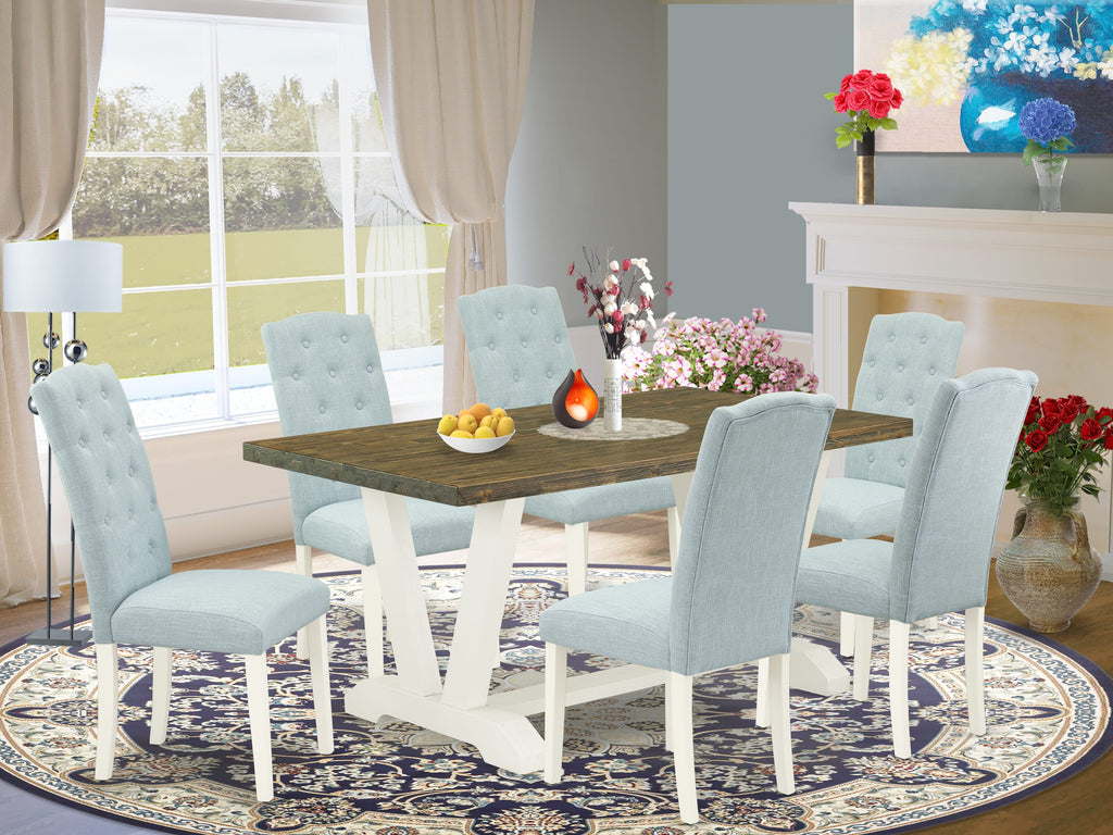 V076C9XVX 7 Piece Dining Ensemble with V-Leg Wooden Table & Baby Blue Linen Chairs
