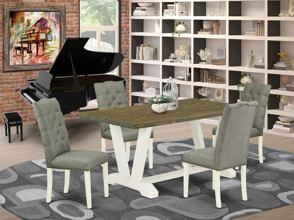 V076EJ9Z6-N 5-Piece Dining Ensemble Featuring Rectangular Table with Unique V-Legs and 4 Linen Gray Chairs